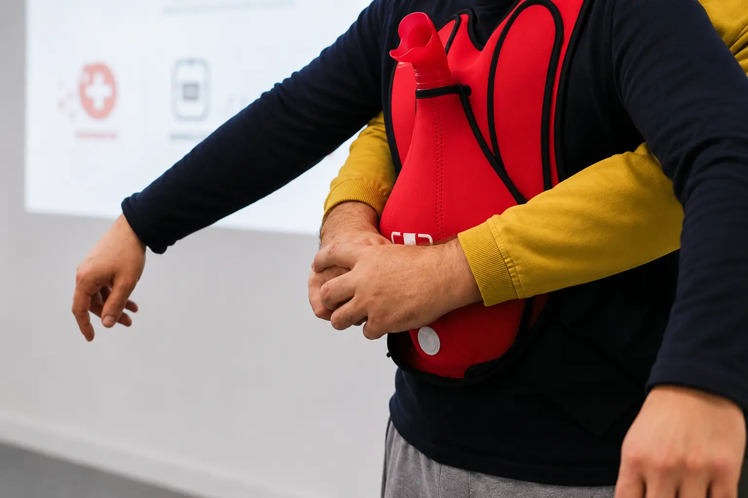 Un formateur montre la technique Heimlich lors une formation SST
